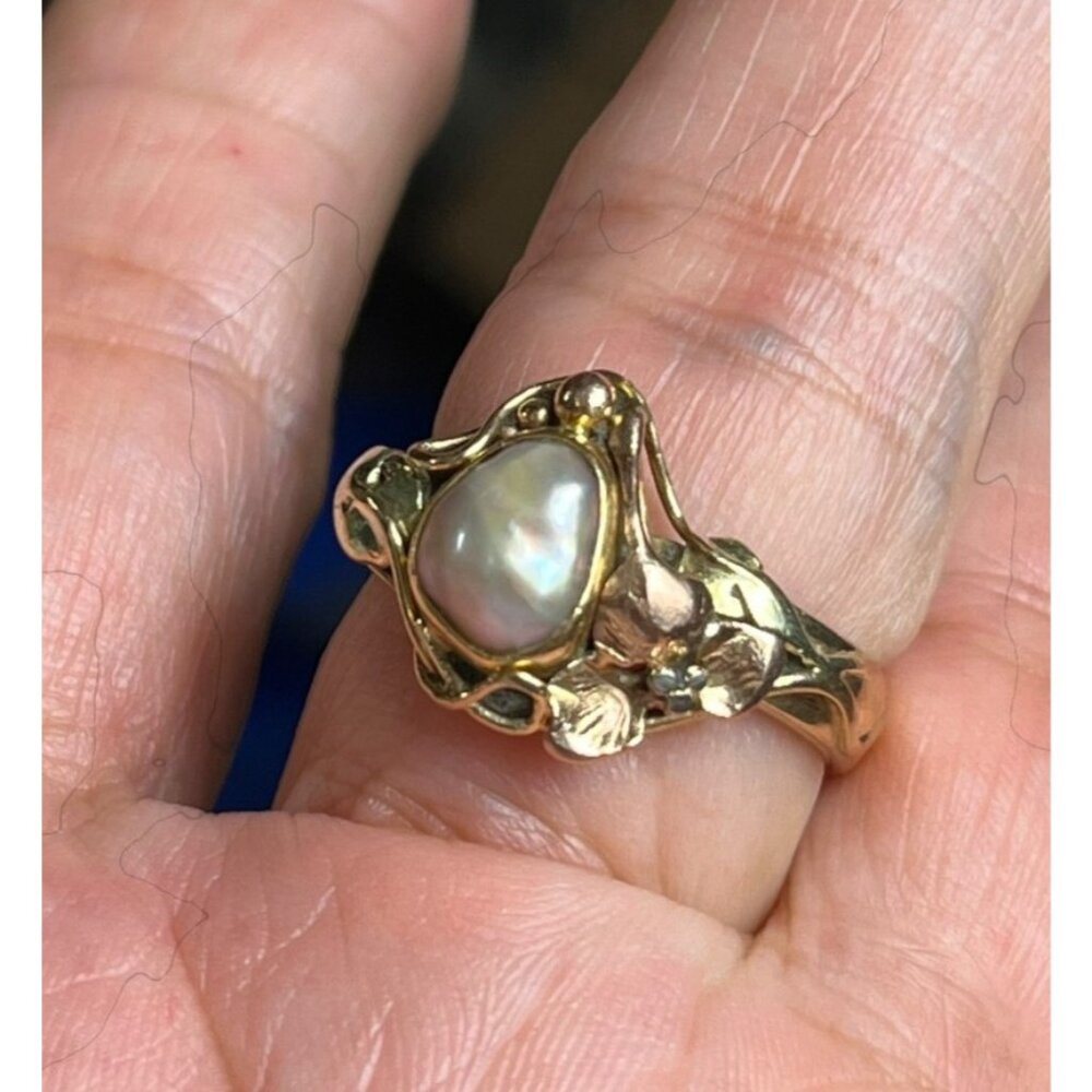 Womans 7.25 14K Tri-Color Gold Ring w/ Freshwater Pearl, Leaf Pattern 5.79g - Picture 11 of 12